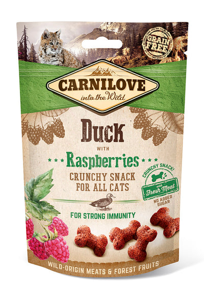 Friandises Carnilove pour chat au canard et framboise – Sans céréales, riches en protéines et antioxydants pour une santé optimale.