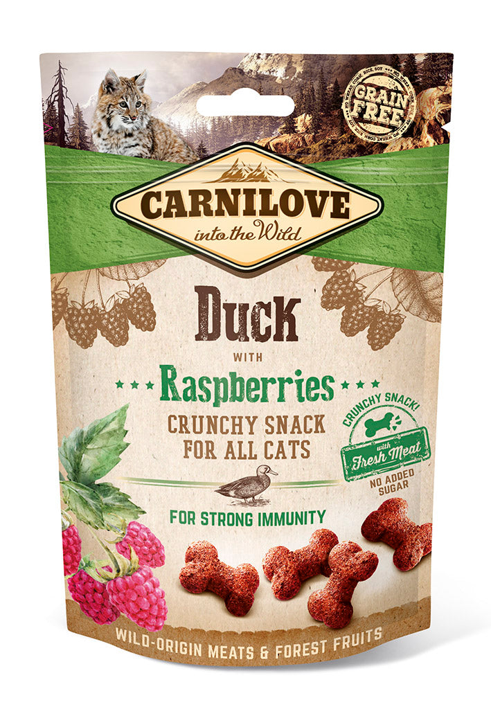 Friandises Carnilove pour chat au canard et framboise – Sans céréales, riches en protéines et antioxydants pour une santé optimale.