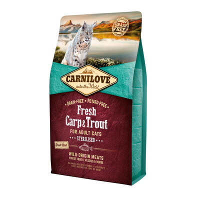 Croquettes Carnilove pour chat stérilisé au carp et truite – Sans céréales, pour un poids sain et un pelage éclatant